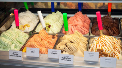 Artisan gelato display in a Florence gelateria