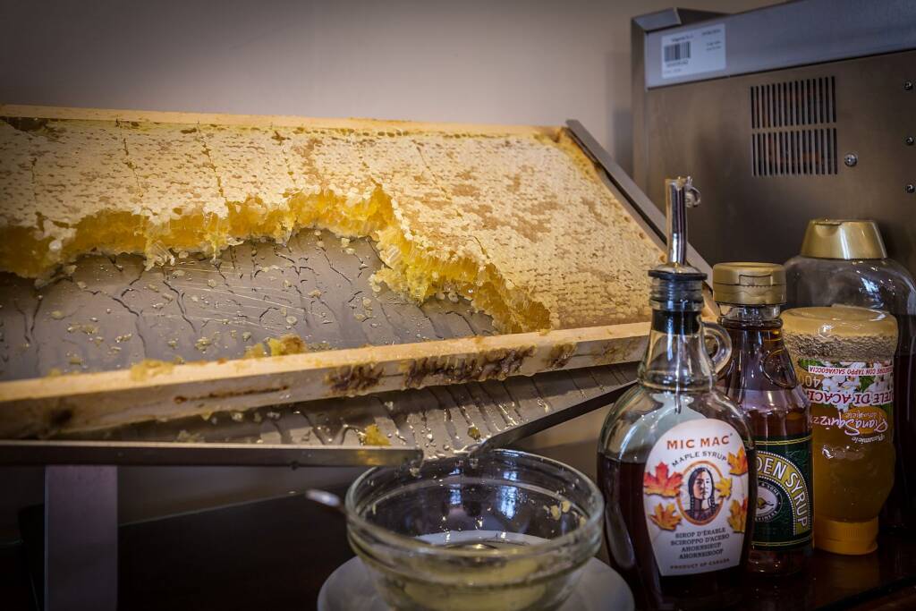 Natural honeycomb and maple syrup at the Hotel Duomo Firenze breakfast buffet