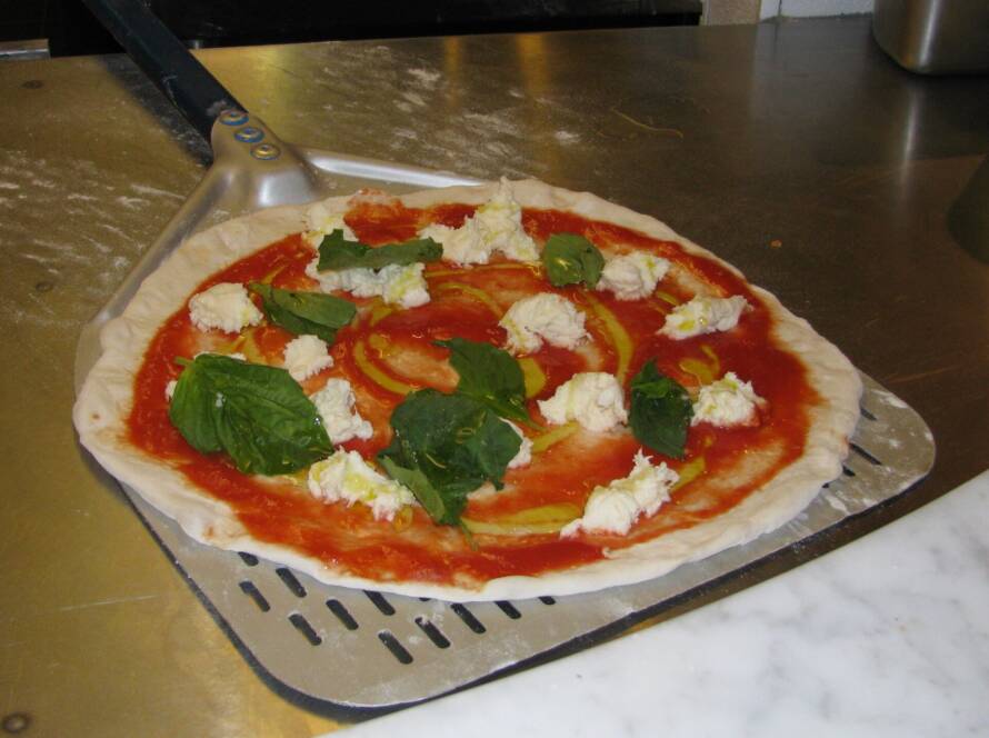 Neapolitan pizza margherita with basil and mozzarella