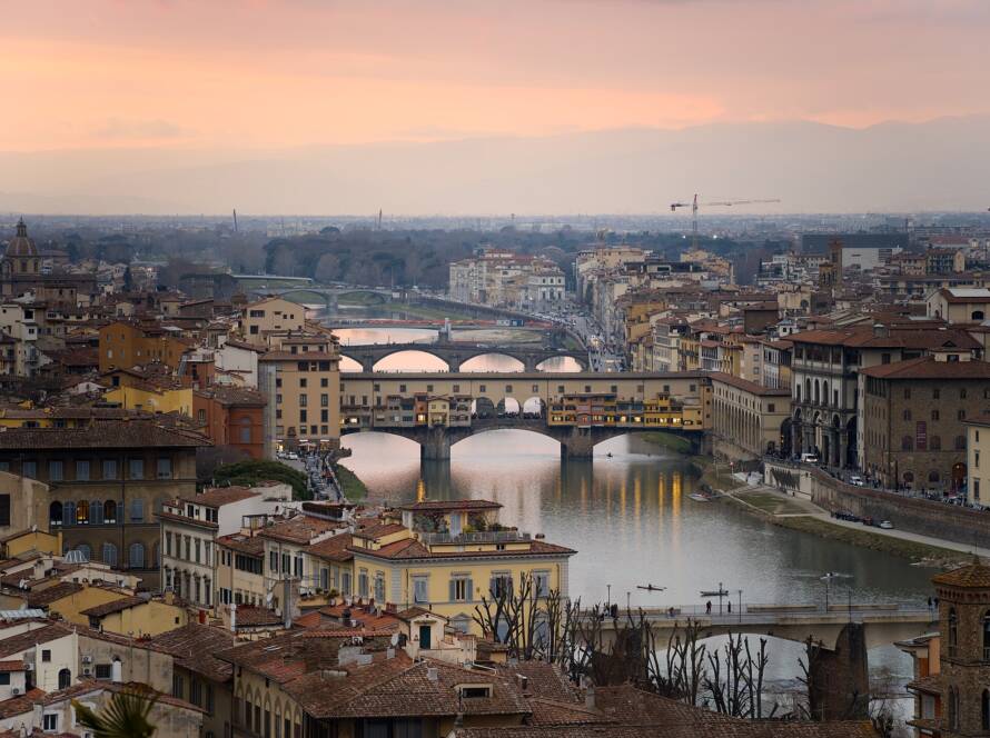 Ponte Vecchio and the Arno at sunset, seen from Piazzale Michelangelo
